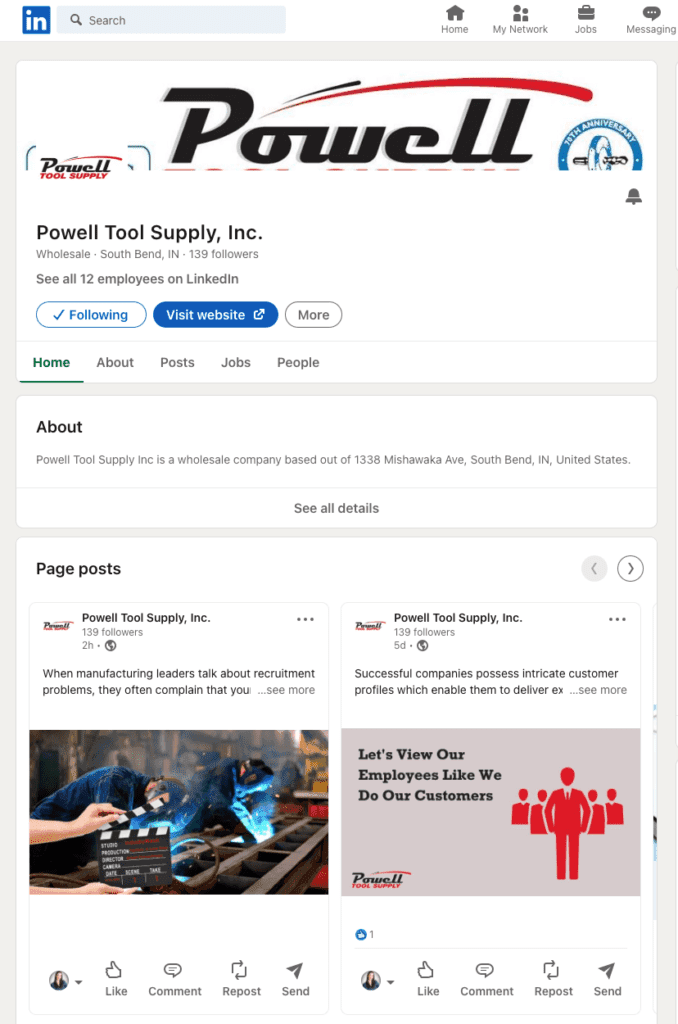 Screenshot of Powell Tool Supply, Inc. LinkedIn account