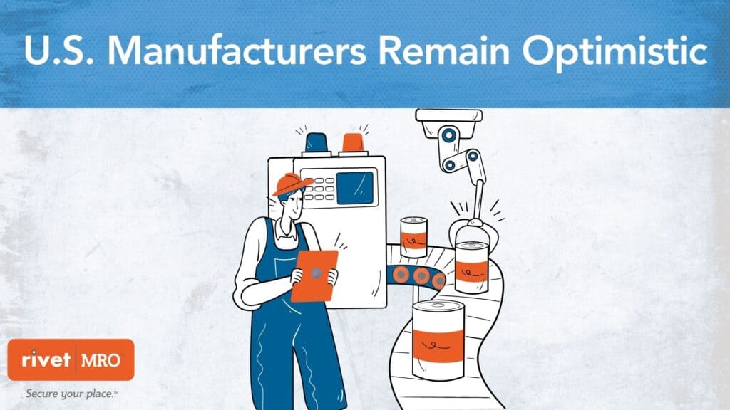 Illustration of a U.S. manufacturing worker using a tablet on a factory floor with automated machinery and product cans on a conveyor belt. Represents 2025 trends in industrial automation, digital tools, and resilient supply chains.